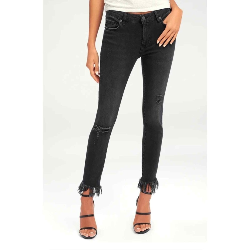 Free People Great‎ Heights Jeans Size 29 Washed Black Frayed Skinny Leg Mid Rise